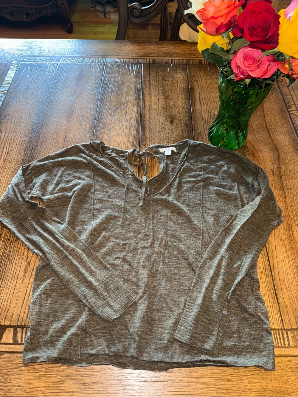 American Eagle Outfitters Olive V-Neck Tie-Detail Sweater